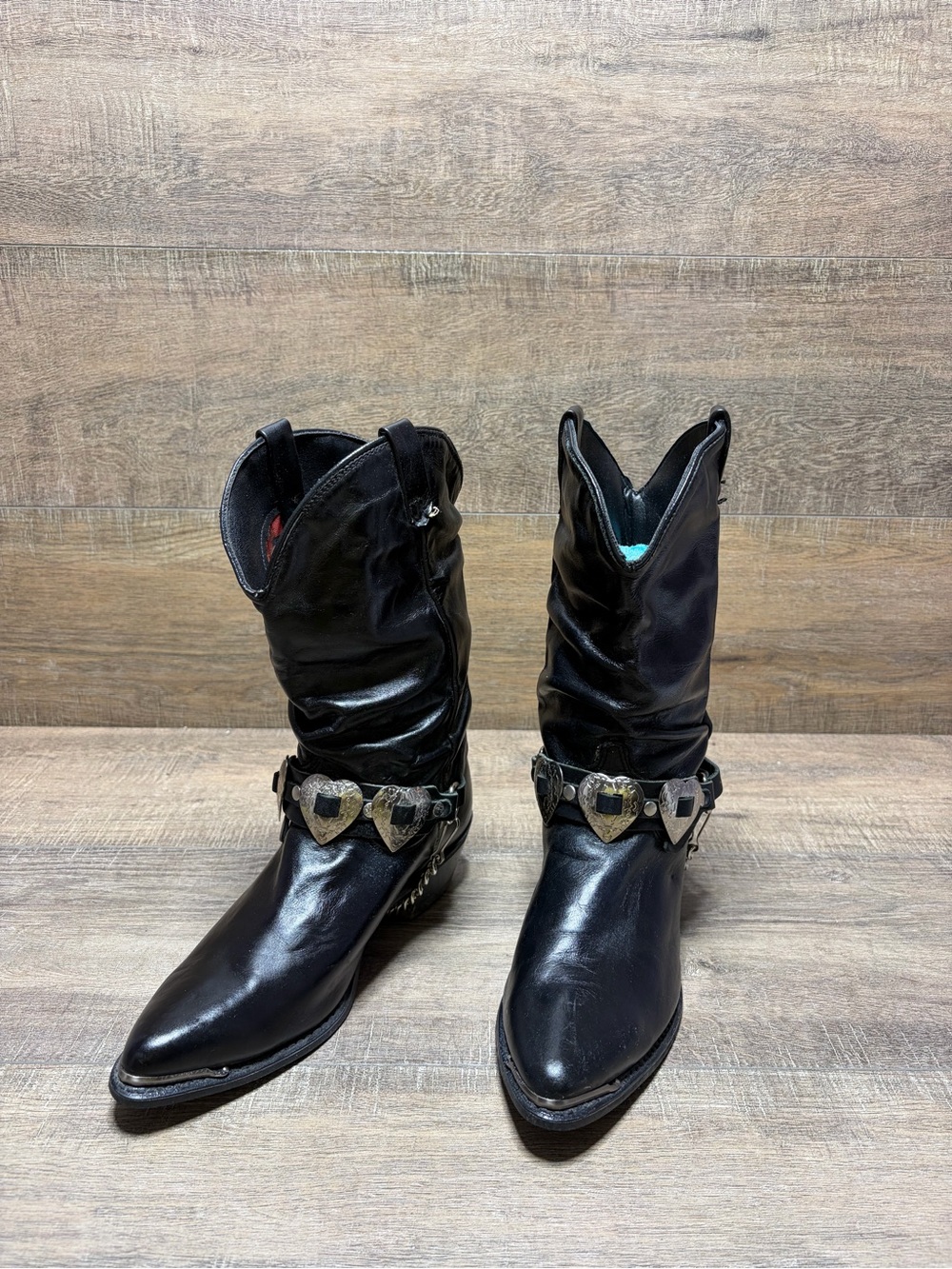 dingo Black Western Harness Boots with Heart Stud Accents